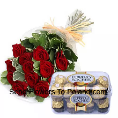 Ramo de 11 rosas rojas con relleno de temporada junto con 16 Pcs Ferrero Rochers