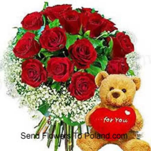 Bündel von 11 roten Rosen mit saisonalen Füllern und einem niedlichen braunen 8 Zoll Teddybär